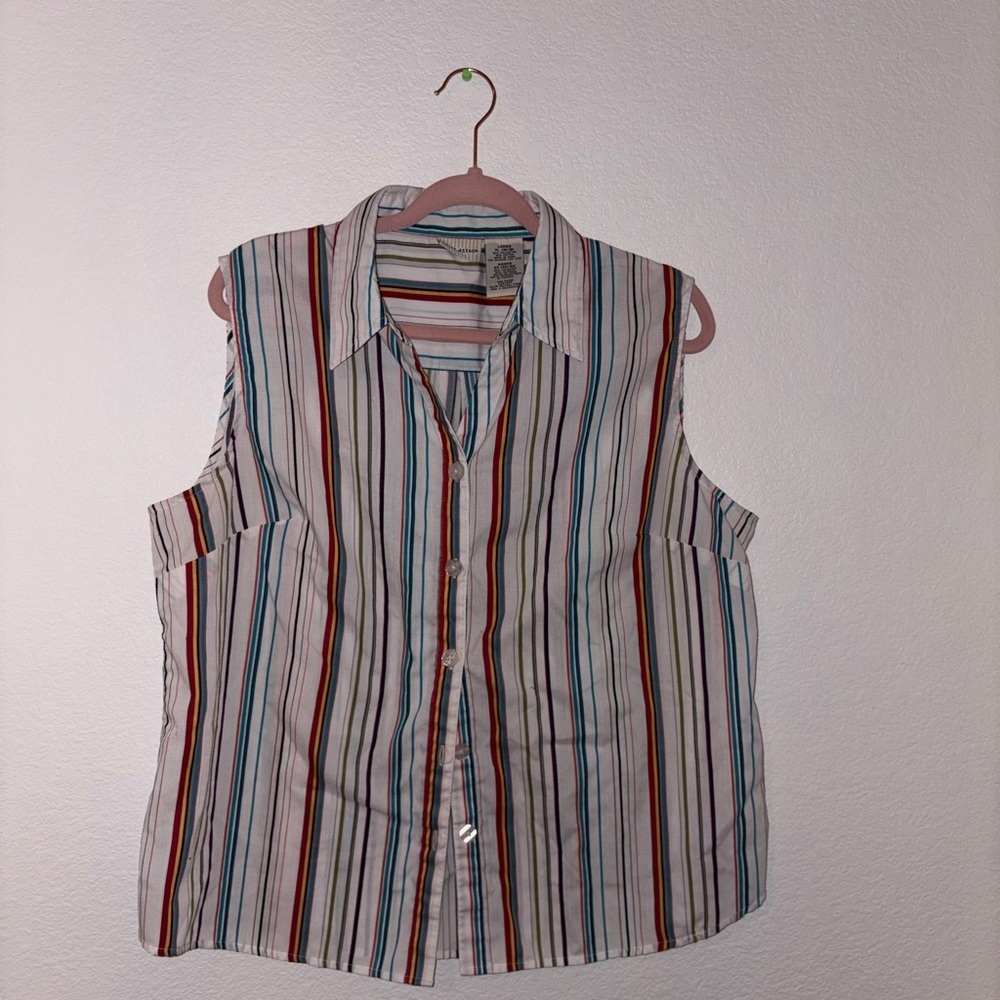 White Stag Sleeveless Button-Down Shirt in White with Multicolor Stripes